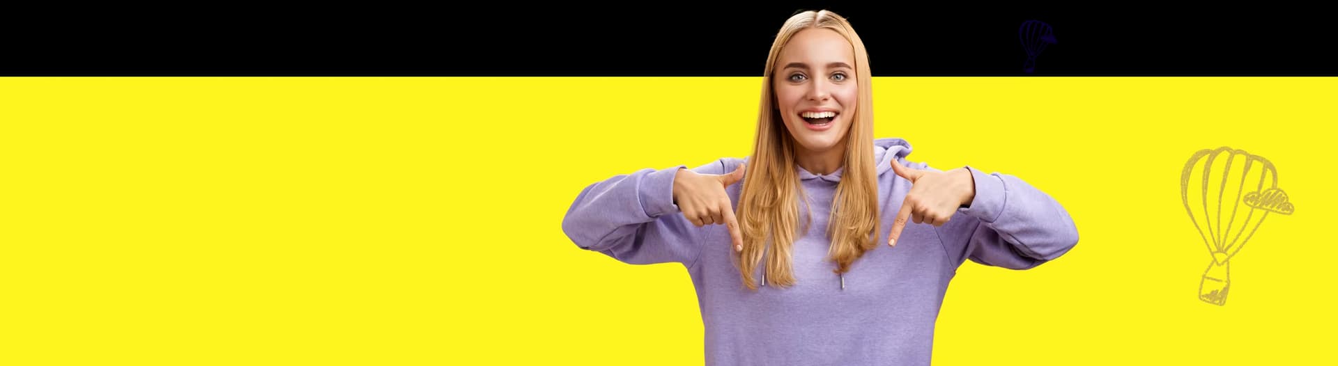 Uśmiechnięta kobieta w fioletowej bluzie wskazująca w dół, na żółtym tle z rysunkami balonów