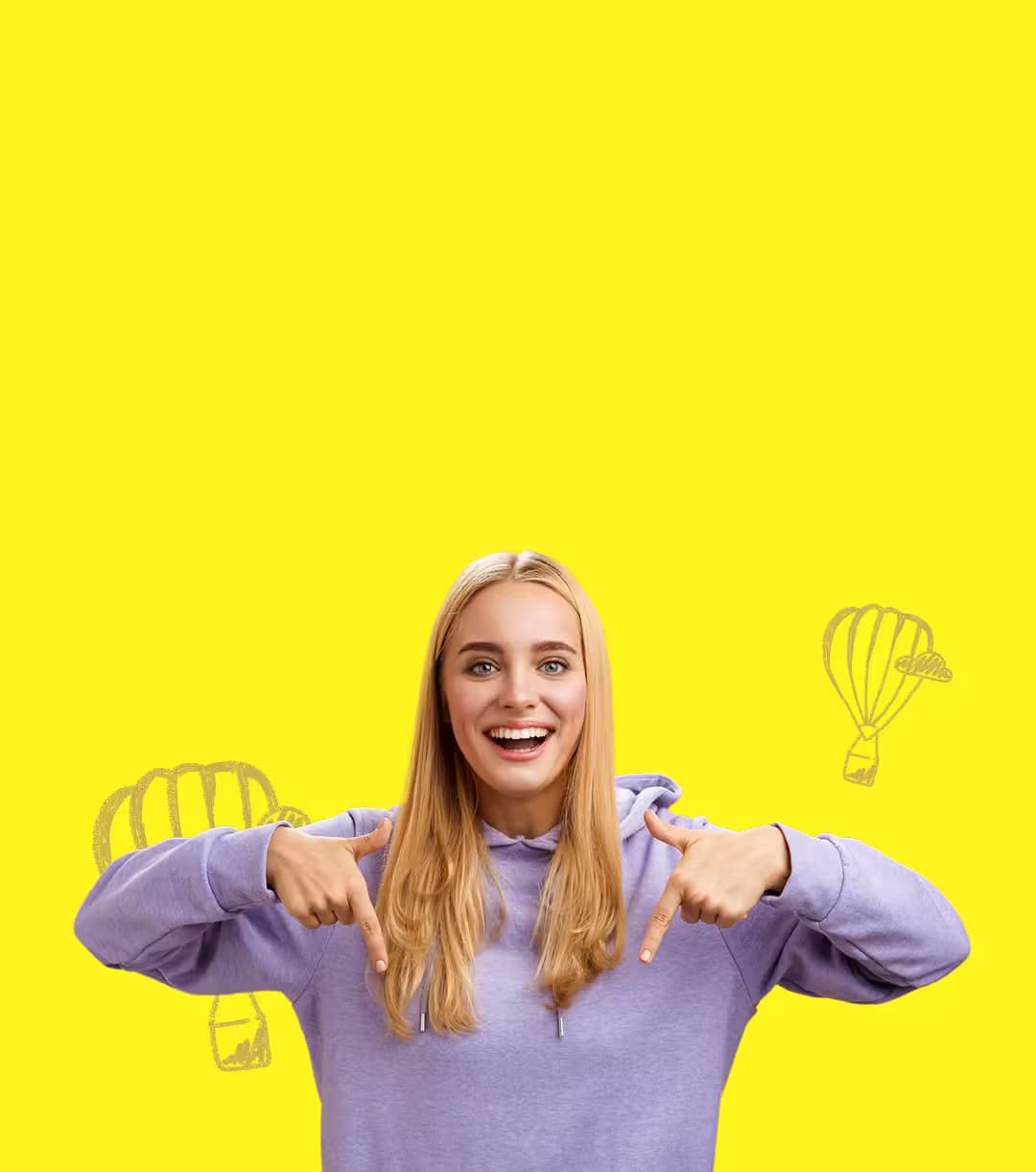 Uśmiechnięta kobieta wskazująca na coś pod spodem